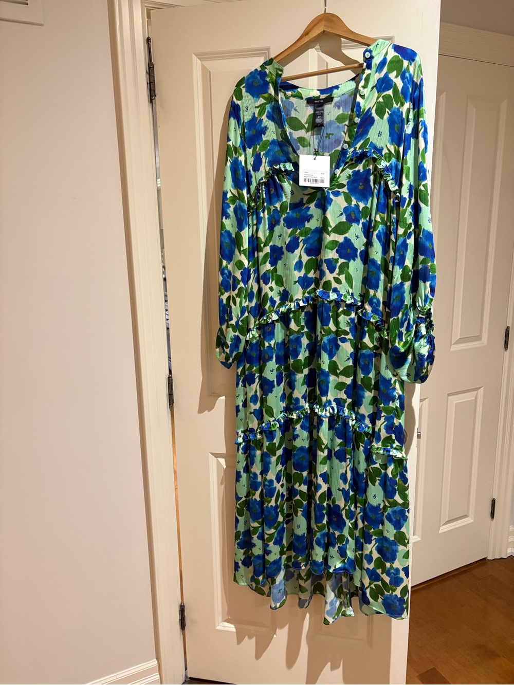 Smythe Blue and Green Floral Long Sleeve Tiered Midi Dress